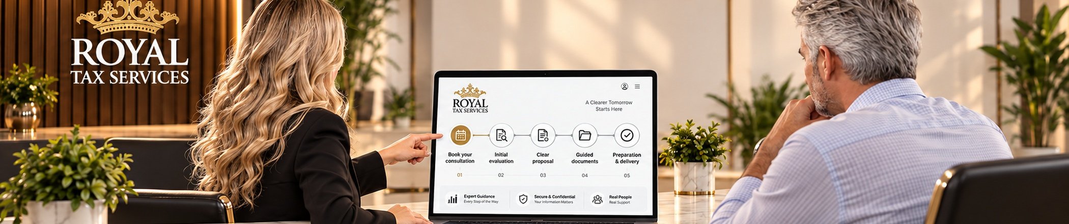 Perla Chávez le muestra a un cliente los cinco pasos del proceso de Royal Tax
